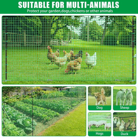 Heavy Duty Portable Temporary Fence 36 Inch Tall, 50 Foot Long Garden Fence For Dogs And Small Animals, Plastic Mesh shown protecting chickens.