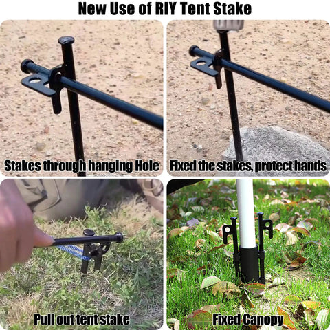 Beefy 8 Pack Tent Stakes Heavy Duty Metal Pegs For Camping showing use in rocky and grassy terrain