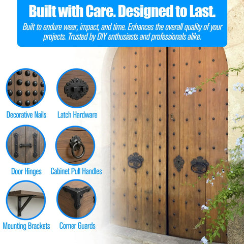 Solid 12 Pack Iron Clavos 1.5 Inches Long Featuring Gritty Hammered Black Finish on rustic wooden doors.