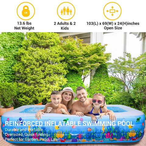 Ultra Spacious Family Sized Inflatable Pool 100 Inch By 66 Inch By 23 Inch Above Ground Kiddie Lounge Blow Up Pool outdoors