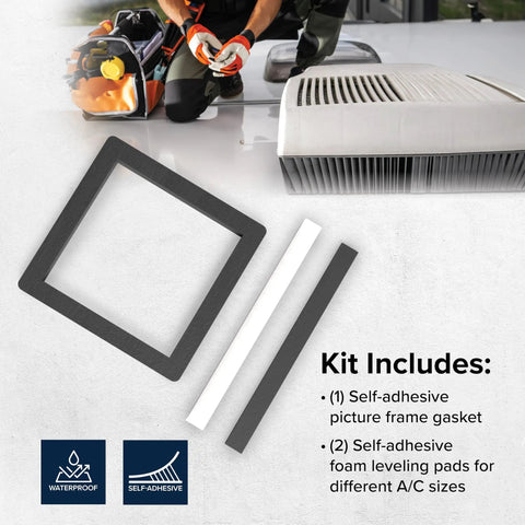 RV Camper Roof AC Gasket Kit 14 Inch By 14 Inch With Waterproof Compression Seal Self Adhesive Picture Frame Gasket And Leveling Pads Three Piece Set For Roof Mounted Air Conditioner displayed with components and installation diagram.