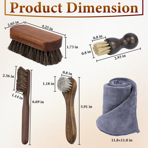 Dope Leather Brush For Car Detailing With Horsehair Bristles And Wood Handle shown with dimensions and cloth