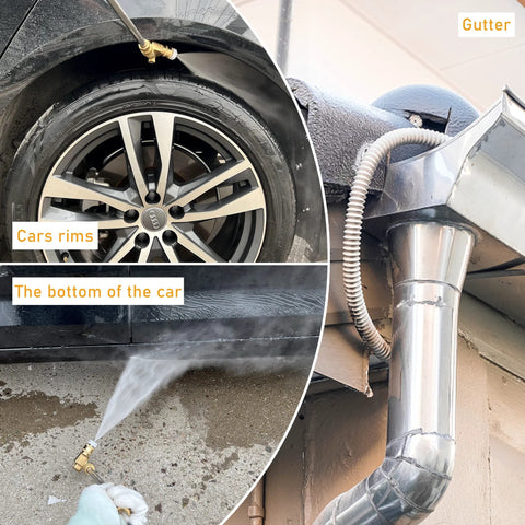 Gutter-cleaning pressure washer attachment with 1/4-inch quick-connect and 240° pivot, shown spraying water.