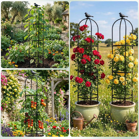 Two Pack Garden Obelisk Trellis For Climbing Plants 6 Foot Adjustable Height Built Tough Steel Core Plant Supports in use