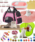 All In One 47 Piece Kitten Essentials Starter Kit For Kittens Under Six Months With Toys Bed Carrier Litter Box Bowls Grooming Tools And More For New Cat Parents In Pink, featuring pink bed and carrier with kittens.