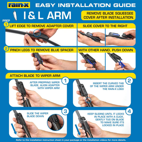 Rain-X windshield wiper installation guide poster, front view showing I and L arm steps for wiper blades.