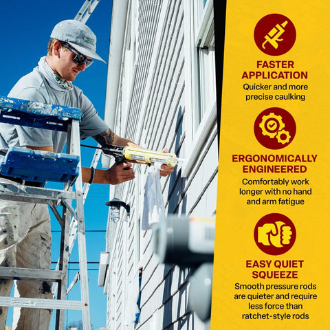 Worker using Hex Rod Caulk Gun For 10 Oz Sealant And Adhesive Cartridges on exterior window frame, quiet squeeze dripfree tool.