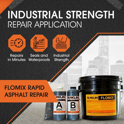 FloMix Rapid Asphalt Repair Kit with black 3-gallon sealer, A and B side bottles; designed for industrial strength pothole repair.