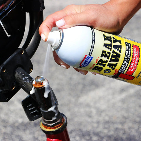 Applying Breakaway Fast Penetrating Oil For Rusted Joints And Bolts, Heavy Duty Penetrant And Lubricant on a bike stand