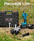 Electric Pruning Shears Cordless 1.8 Inch Cut With Brushless Motor Dual 4Ah Batteries, tools, gloves, and case on grass