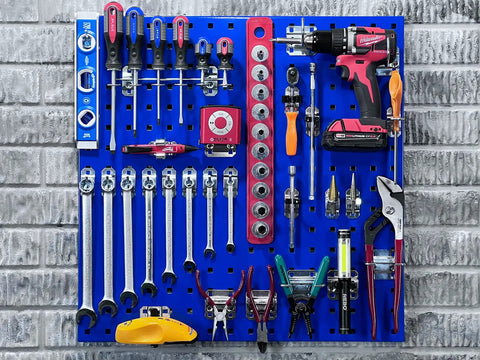 LocBoard Steel Pegboard Kit 24x24 Inch Square-Hole Wall Mount System in Blue with tools organized vertically