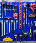 Heavy Duty Steel Pegboard Garage Wall Organization System With Customizable 63 Piece Hook Set And Dual 24 Inch LocBoard Panels In Blue, displayed with various tools.