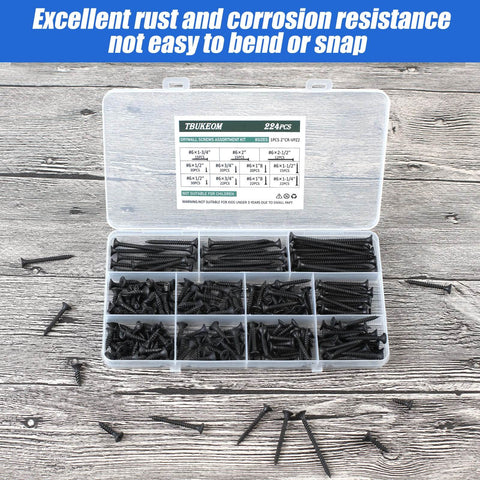 Wood Screws Assortment Kit 224 Pieces High Hardness Phillips Drive Self Tapping Flat Head Coarse Thread Carbon Steel