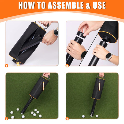 Four-step assembly of Portable Shag Bag for Golf Balls With Removable Tube Holds Up To 70 Balls Lightweight Ball Retriever For Easy Pickup And Practice Orange.