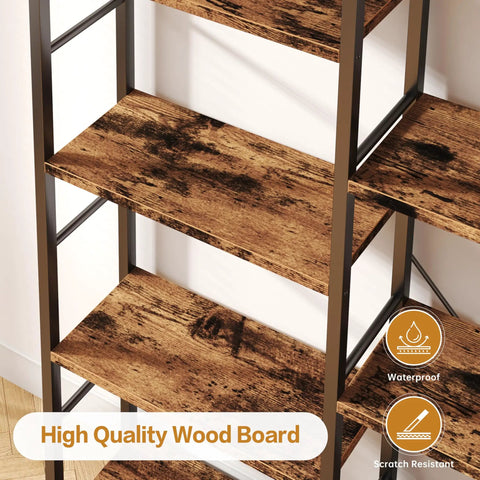 Close-up of rustic brown wood shelves in Big Ol Industrial Triple Column 5 Tier Bookshelf With Open Display Shelves For Home Office