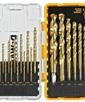 DEWALT titanium nitride drill bit set, 21-piece, yellow case with gold-colored bits