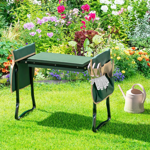 Garden Kneeler And Seat 2 In 1 Folding Gardening Stool With EVA Foam Pad And Heavy Duty Metal Frame Portable Bench With Detachable Tool Bags in garden setting