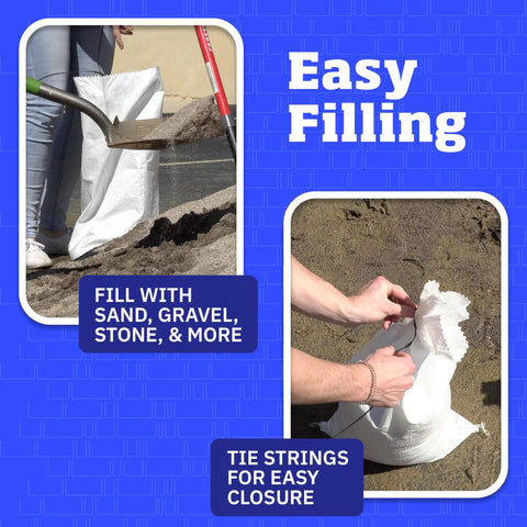 Filling Beefy Heavy Duty Sand Bags With Tie Strings For Flood Control, 50 Lb Capacity, 14x26 Inches, White, near sand pile