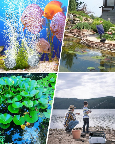 Solar Pond Aerator With 2200mAh Battery Backup, 3 Mode Solar Air Pump in use across aquarium, pond, and outdoor settings.