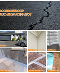 Indoor and outdoor application scenarios for Self Leveling Concrete Crack Filler 4 Pack, showing various crack types.