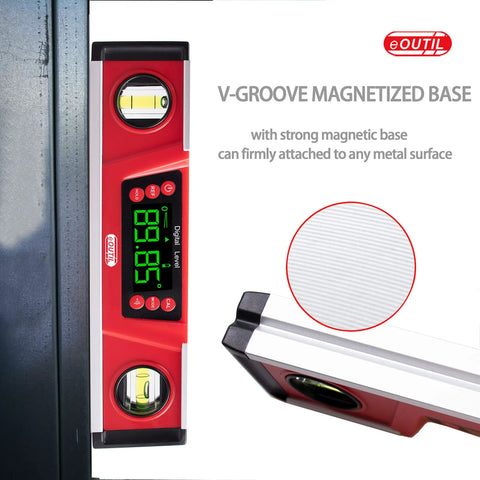 Magnetic 10 Inch Angle Finder And Level Gauge With LED Display, Neodymium Magnets, V Groove Base, IP54 Water Resistant, Easy Pitch And Slope Readouts In Degrees Or Percent, Includes Carrying Bag For Pros And DIY Projects