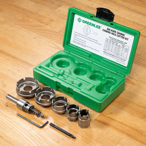 6-Piece Quick Change Carbide-Tipped Hole Cutter Set For 7/8 To 2 Inch Holes, Heavy-Duty Pro-Grade Tool in green case on wood surface