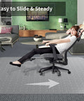 Clear Office Chair Mat For Carpeted Floors 63x51 Inches in use with black chair, showing smooth glide on low-pile carpet.