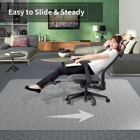 Clear Office Chair Mat For Carpeted Floors 63x51 Inches in use with black chair, showing smooth glide on low-pile carpet.