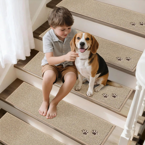Non Slip Stair Treads For Wooden Steps 28x9 Inches Indoor Carpet Stair Runner Machine Washable Soft Polyester Mats With TPE Backing 15 Pack Beige Kid And Pet Friendly shown on stairs with child and dog.