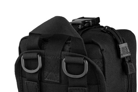 Close-up view of black Scherber Premium IFAK trauma MOLLE pouch with webbing straps and D-rings