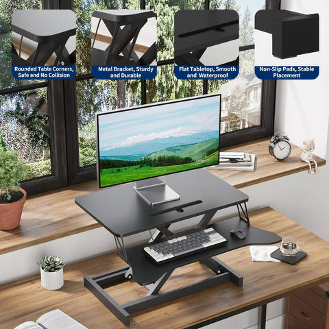 Ergonomic Sit To Stand Desk Converter with Dual Monitor and Laptop Setup, height adjustable from 5.1 to 20 inches.