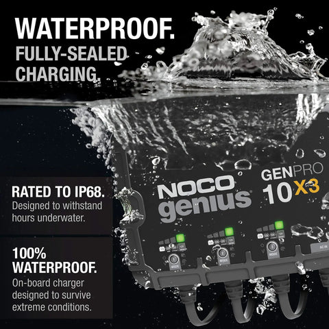 GenPro 10X3 3-Bank Marine Battery Charger submerged underwater, showcasing waterproof IP68 rating and three charging banks.