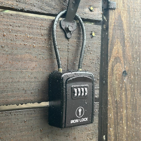 Rugged Outdoor Key Lock Box With Cable Shackle, Small Waterproof Metal Safe, 4 Digit Combo for Spare Keys Left Outside on Fence