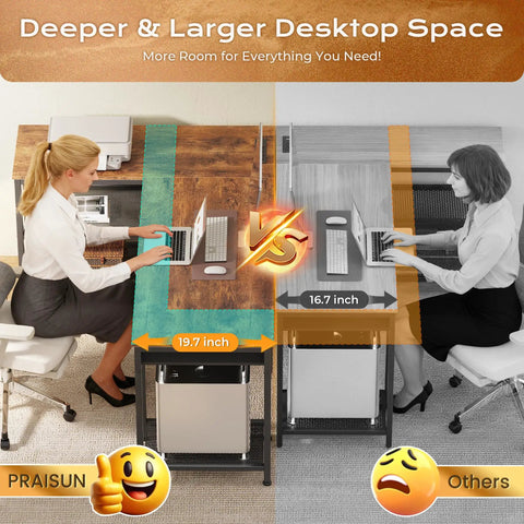 Comparison of a 55 Inch L Shaped Desk With Power Outlets, USB Port And Type C Port showing deeper 19.7-inch workspace in rustic brown.
