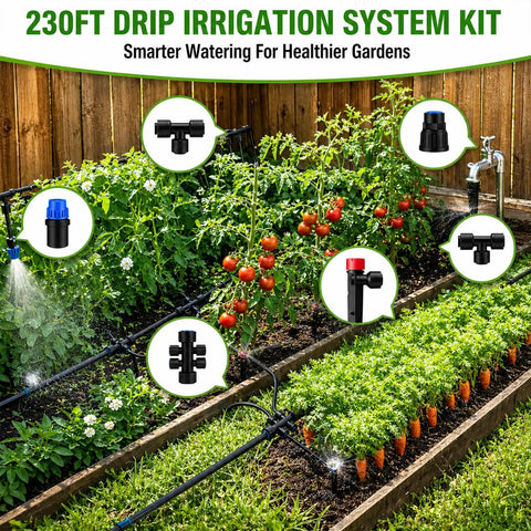 230 Feet Drip Irrigation Kit With Quick Push To Connect No Tool Setup Auto Garden Watering System Includes 33 Feet Of One Half Inch Tubing And 197 Feet Of One Quarter Inch Tubing For Raised Beds Lawns And Greenhouses