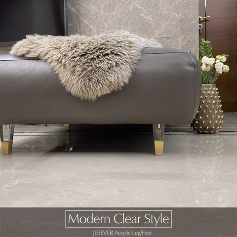 Clear Acrylic Furniture Legs Replacement Set Of 4 For Sofas Cabinets And More Modern Square Style With Gold Accent 4.7 Inch visible under couch