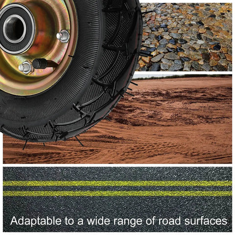 Close-up of rubber tire on various surfaces showing Beefy Heavy Duty Swivel Caster Wheels with Side Brakes Double Ball Bearing Rubber Wheels