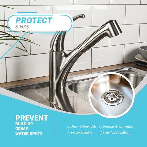Chrome kitchen faucet treated with Ceramic Coating Spray Kit For Kitchen And Bathroom Surfaces That Repels Stains Smudges Water Spots And Soap Scum Ultra Hydrophobic Anti Stick Slick Finish Delivers A No Fuss Wipe And Go Clean With 6 To 12 Month Protection
