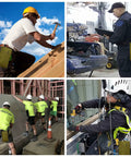 Four images of people using Five Pack 20 Oz Heavy Duty Canvas Tool Zipper Bags for Gear Storage in various work settings.