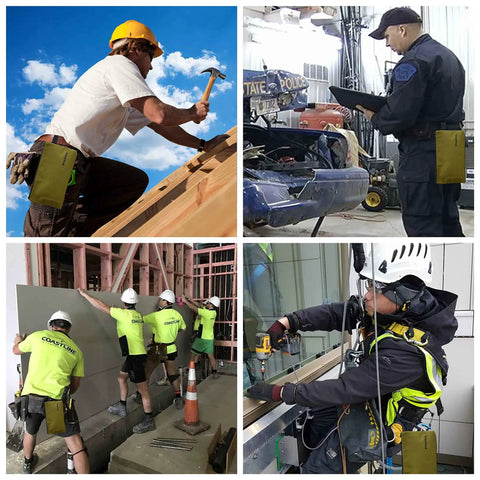 Four images of people using Five Pack 20 Oz Heavy Duty Canvas Tool Zipper Bags for Gear Storage in various work settings.