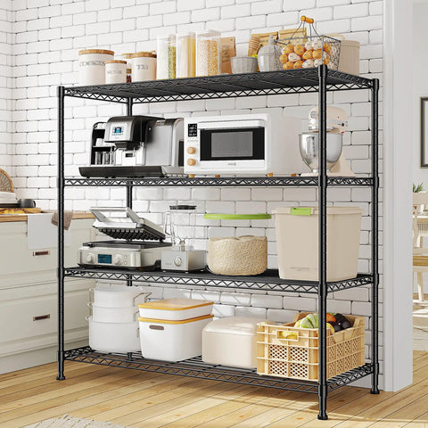 Extra Wide 4 Tier Storage Rack With 800 Lbs Capacity Adjustable Shelves Black Metal Shelf Unit For Garage Closet Kitchen Utility And Bulk Storage Heavy Duty Steel Construction For Long Lasting Use, kitchen storage