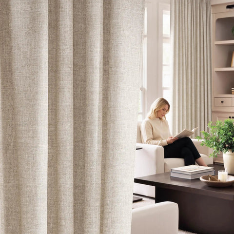 Rich Natural Linen Blend Farmhouse Curtains, 52 By 90 Inches, Two Panels, Rod Pocket And Back Tab Privacy With Light Filtering in living room