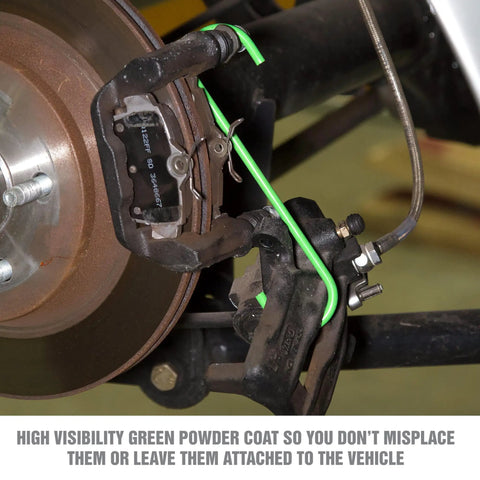 8 Piece Brake Caliper Hanger Set With Brake Hose Support Prevents Kinks During Suspension And Brake Repairs Hi Vis Green attached to brake assembly