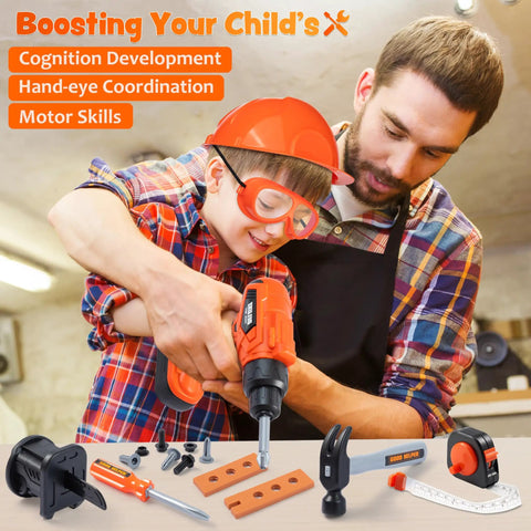 Child using drill from 32 Piece Kids Tool Set With Construction Backpack, Realistic Toy Drill And Replaceable Bits, Helmet, Goggles