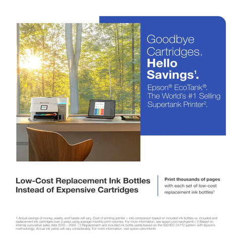 EcoTank ET-4950 Wireless All-In-One Color Supertank Printer With Refillable Ink on desk near window with trees outside