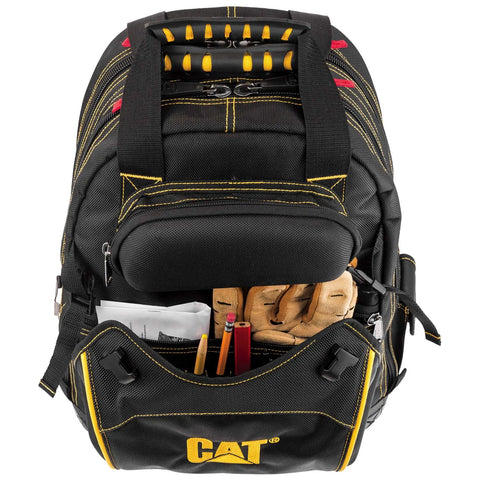 18-Inch Pro Tool Backpack With 32 Pockets For Gear Storage, Heavy-Duty 1680D Water-Resistant Polyester, Molded Bottom, Tools Shown