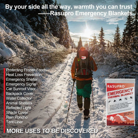 Hiker in snow with backpack and 9 Pack Emergency Blankets For Outdoor Survival Gear, Mylar Thermal Space Blankets With Insulation visible.