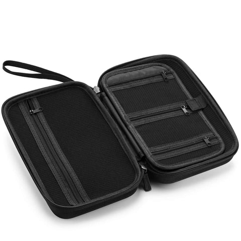 Open Kickass Shockproof Eva Travel Organizer For Power Banks And Cables Beast Mode Tech Essentials Pouch With Secure Wrist Strap Compact Electronic Gadgets Storage Case Black showing compartments.