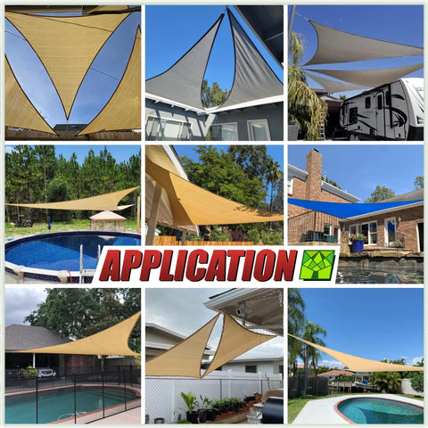 Collage of various installations of Beige Sun Shade Sail Triangle 10 By 10 By 10 Feet Premium Mesh Fabric UV Block UPF50 Canopy.