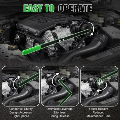 Universal Serpentine Belt Tool Kit With Bag For Easy Belt Removal And Tensioner Relief shown operating in engine bay